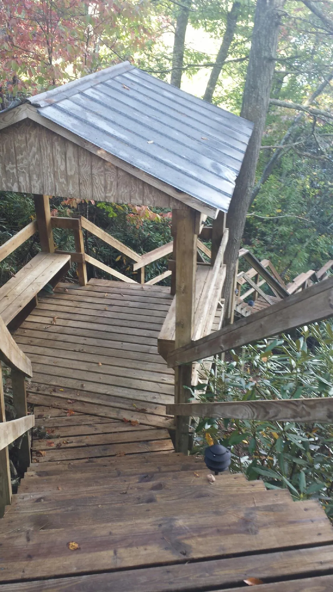 Metal roofed shelter over wooden steps on a wooded walkway — Skylight Repair & Installation work by our crew in Garland